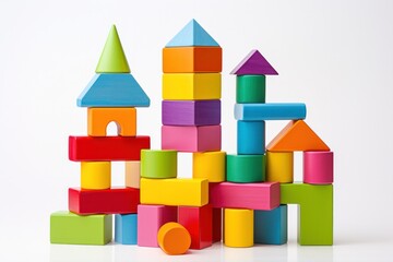 Fototapeta premium A whimsical assortment of children's building blocks in a playful mix of yellow, red, purple, blue, and green colors