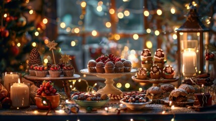 Delicious holiday treats on a table with warm lights and candles, perfect for festive gatherings and celebrations.