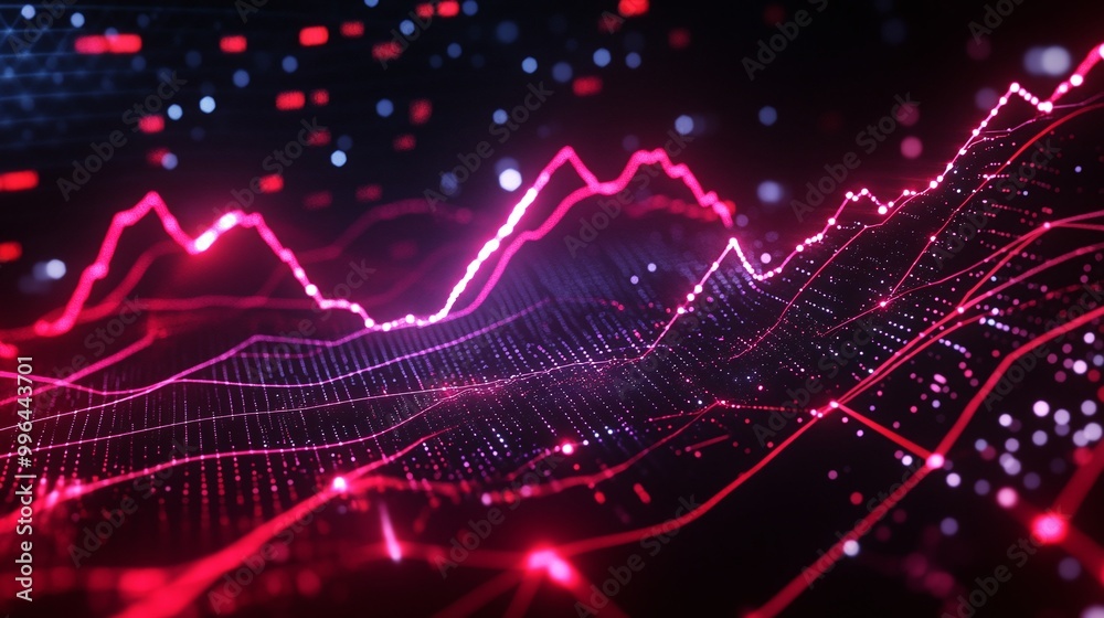 Poster vibrant digital graph with dynamic red and blue lines representing data trends and analytics.
