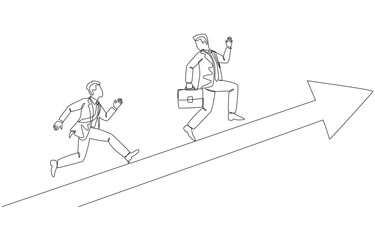 Continuous one line drawing of businessman chasing his competitor on an upward arrow, business competiton, challenge to success in career concept, single line art.