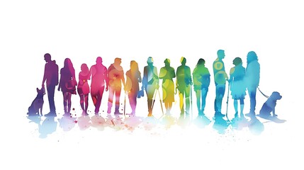 This image features colorful silhouettes of people, some walking dogs, creating a lively scene of companionship and community.