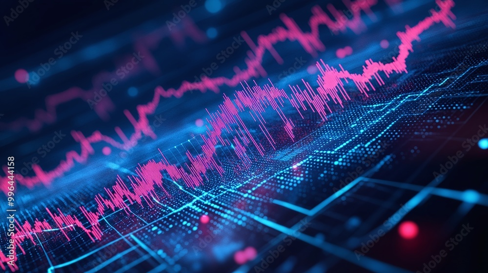 Poster vibrant digital waveforms display dynamic data trends in a futuristic style, illustrating technology