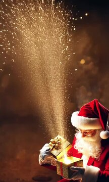 P&egrave;re No&euml;l ouvrant un paquet cadeau dor&eacute; d'o&ugrave; sortent des gerbes d'&eacute;tincelles, avec le texte en anglais "merry christmas" apparaissant, ambiance magique et festive