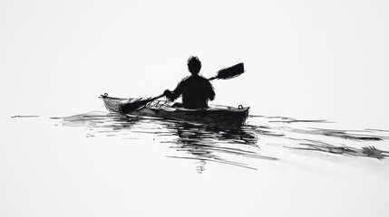 Sketch line drawing of a man kayaking in water