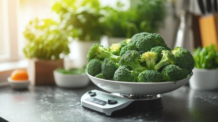 Broccoli and other fresh vegetables on a kitchen scale, emphasizing healthy eating and portion control.