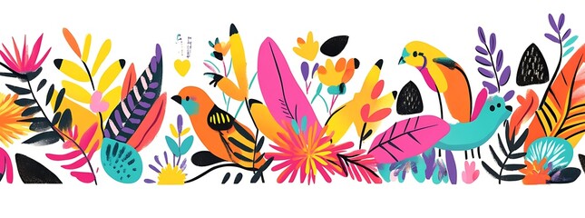 A vibrant and colorful illustration of the Amazon rainforest
