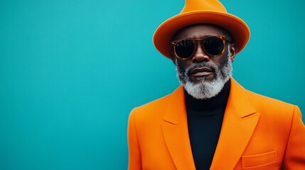 Fototapeta premium Black man in an orange coat and hat, wearing sunglasses, for a fashion photo shoot on a blue background