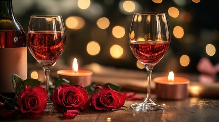 Romantic setup of wine, candles, and roses on a table, soft lighting, symbolizing love and celebration, copy space.