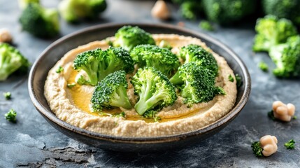 Broccoli florets dipped in hummus, styled on a plate for a healthy snack or appetizer idea.