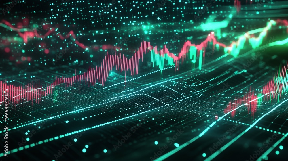 Poster visual representation of digital data analytics with vibrant graph lines and glowing particles on a 