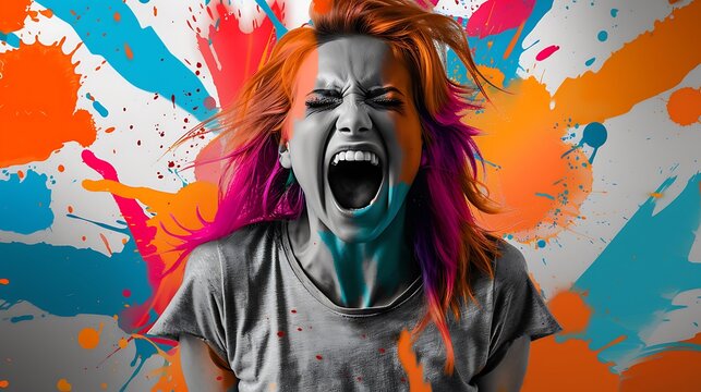 A vibrant image of a woman with colorful hair, expressing intense emotion against a backdrop of splattered paint, embodying energy and creativity.