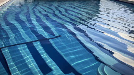 Obraz premium Sunlit swimming pool with clear blue water reflecting the bright sun on a calm day at the poolside.