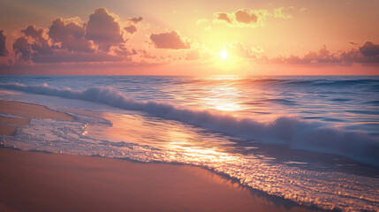 Vibrant Sunset Over the Ocean with Waves Gently Reaching the Shore