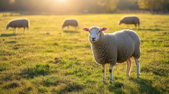 Sheep grazing in a sunlit pasture on a peaceful farm, no people, with copy space for text.