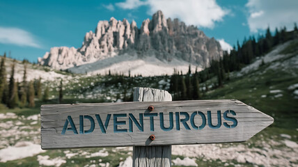 A wooden sign with blue lettering pointing towards a mountain range, inspiring adventure and exploration. 
