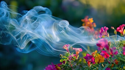 Wispy smoke trails swirling around vibrant flowers in a garden, adding an artistic touch to a serene natural setting.
