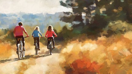 Happy Family Bicycle Ride Countryside Sunny Day