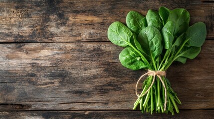 Fototapeta premium Bunch of fresh spinach leaves tied with twine on a rustic wooden background, creating a farm-to-table concept.