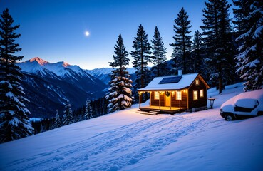 Solar-powered Christmas lights on tiny house in snowy mountains