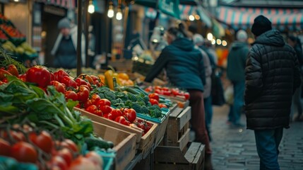 Vibrant Market Scene with Fresh Vegetables and Colorful Produce Stalls