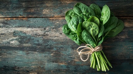 Fototapeta premium Bunch of fresh spinach leaves tied with twine on a rustic wooden background, creating a farm-to-table concept.
