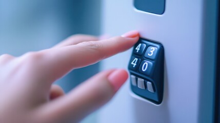 Woman's finger typing password on a digital door lock keypad using smartphone, smart device security, isolate on white background