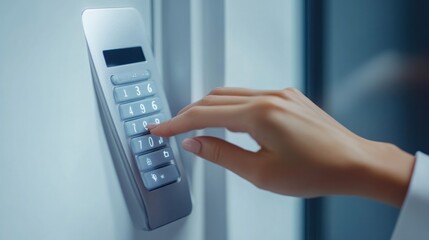 Woman's hand typing a password on a touch screen keypad entry system for a hotel room, smart lock technology, isolate on white background