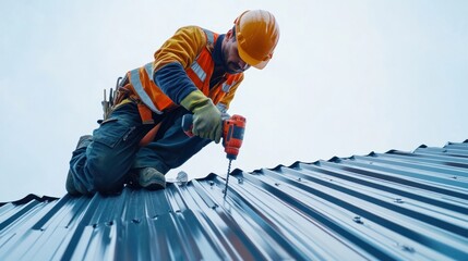 Worker builder using a hand drill to install metal profiles on a roof, construction scene, isolate on white background