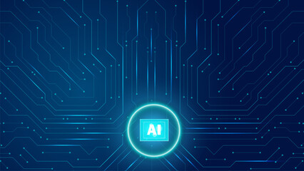 Artificial intelligence icon or AI circuit board. Abstract modern technology blue dark background. Vector illustration