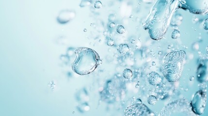 Clear water drops scattered across a light blue background, creating a fresh and clean visual effect.
