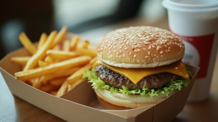 Cheeseburger in a takeout box with fries and a soda, styled for a fast food meal concept.