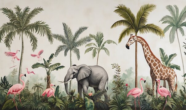 A vintage style jungle mural with an elephant, giraffe, zebra