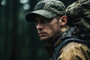 Fototapeta premium Hiker in the forest wearing military hat and backpack. Adventurer, explorer. Generative Ai