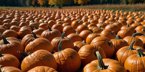 Fototapeta premium A vibrant pumpkin patch basking in golden sunlight, with scattered ripe pumpkins, lush green leaves, and a serene autumn atmosphere. AI generated.