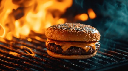 Cheeseburger on a charcoal grill with flames, showing the process of grilling with smoky effects.