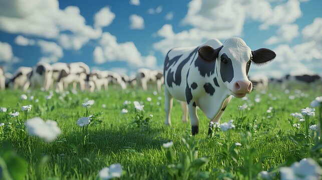 A curious calf stands in a lush green field filled with flowers, surrounded by a herd of cows under a bright blue sky with fluffy clouds.