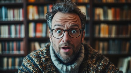 Fototapeta premium Portrait of a writer with a surprised expression on a cozy library like background