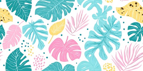 Playful seamless pattern featuring pastel colored tropical leaves