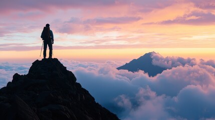Fototapeta premium A climber stands on a peak above the clouds, bathed in sunset hues, embodying adventure and the beauty of nature.