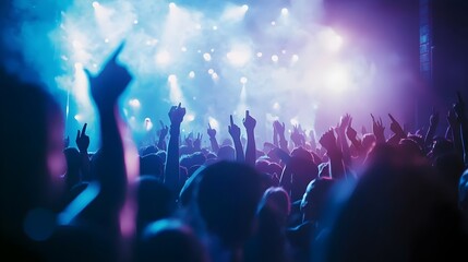 Energetic Music Concert Crowd Cheering and Dancing Under Colorful Lights