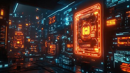 Obraz premium Futuristic urban landscape, AI integration, digital society, neon holograms