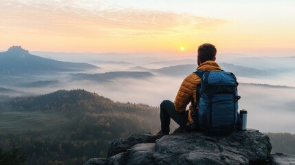 Naklejka premium A hiker enjoys a serene sunrise view from a rocky vantage point, surrounded by rolling hills and misty landscapes.
