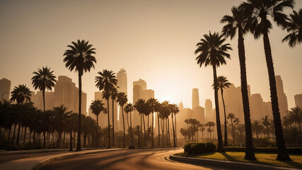 Silhouetted palm trees against hazy city skyline in golden hour light, illustrating serene urban oasis.