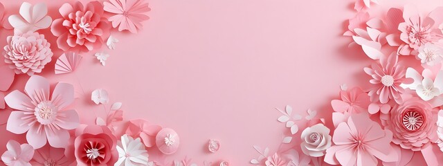Fototapeta premium 3D paper cut style, pink background with lots of pastel-colored flowers on the side, empty space for text