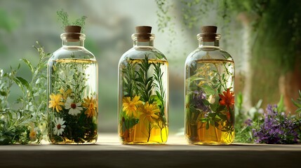 Three glass bottles filled with colorful herbs and flowers in oil, surrounded by greenery, creating a serene and natural vibe.