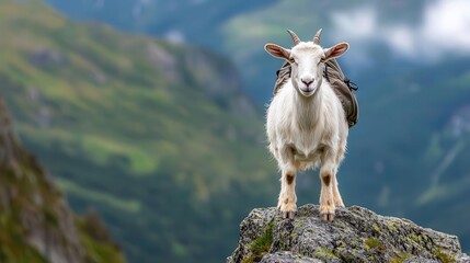 Naklejka premium Goat with a rucksack climbing a steep rocky path, narrow ledge, confident and balanced, alpine setting