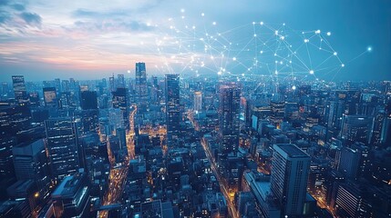 AI urban planning, futuristic cityscape, digital networks, advanced technology
