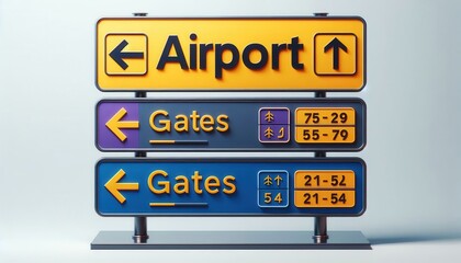 Three airport direction signs with arrows and gate numbers on a clean background..Concept: Clear airport signage, Wayfinding solutions, Guiding passengers effectively