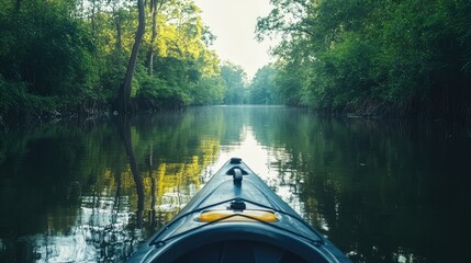 Fototapeta premium A kayak floating down a tranquil river with trees reflecting in the water, leaving room for text.