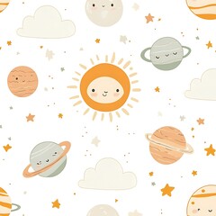 Digital illustration of the sun, clouds, and planets